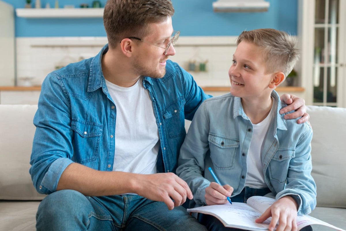 Parent having a phone-free conversation with child after school.